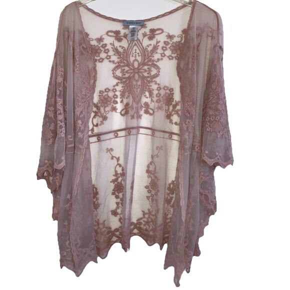 LAUNDRY BY DESIGN OSFM Flowy Lace Open Front Top Cover One Size Neutral Duster - Picture 2 of 6